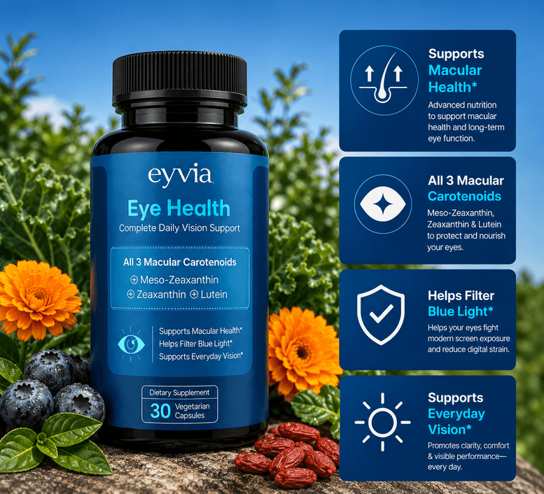 The EYVIA bottle photographed outdoors among marigolds and blueberries, beside four cards headed: supports macular health, all three macular carotenoids, helps filter blue light, and supports everyday vision.