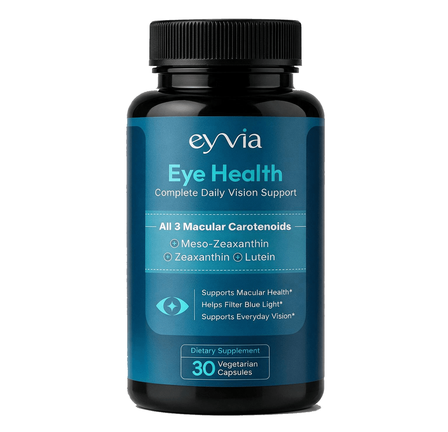 The EYVIA Eye Health bottle: an opaque black supplement bottle with a black ribbed cap and a deep blue-teal label reading Eye Health, Complete Daily Vision Support, All 3 Macular Carotenoids, 30 Vegetarian Capsules.
