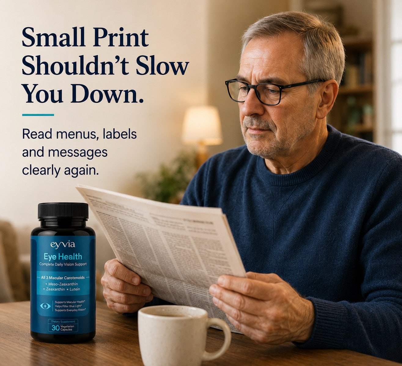 Small print shouldn't slow you down. Read menus, labels and messages clearly again. A man reading a newspaper at a table beside a bottle of EYVIA Eye Health.