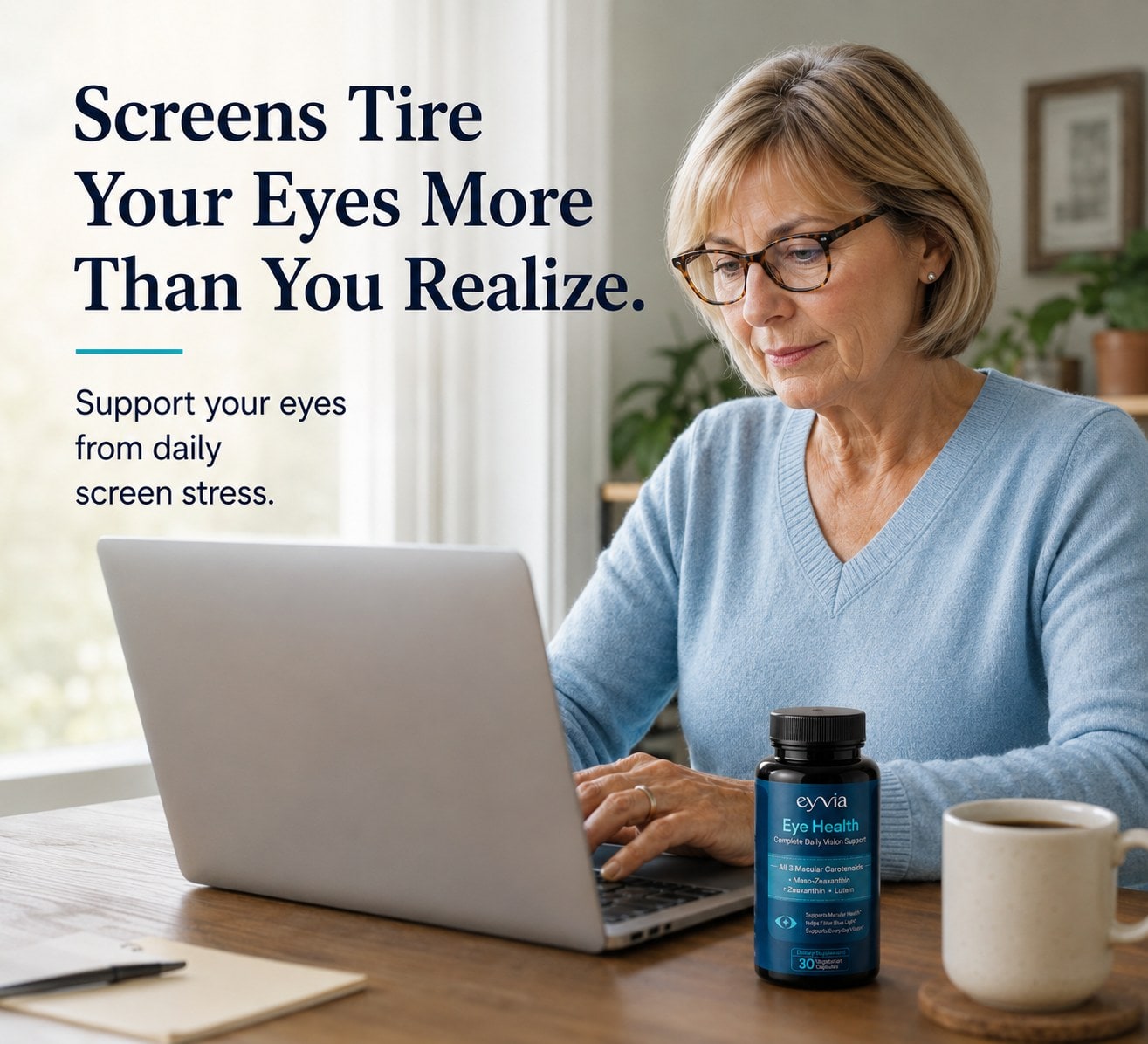 Screens tire your eyes more than you realize. Support your eyes from daily screen stress. A woman working at a laptop beside a bottle of EYVIA Eye Health.